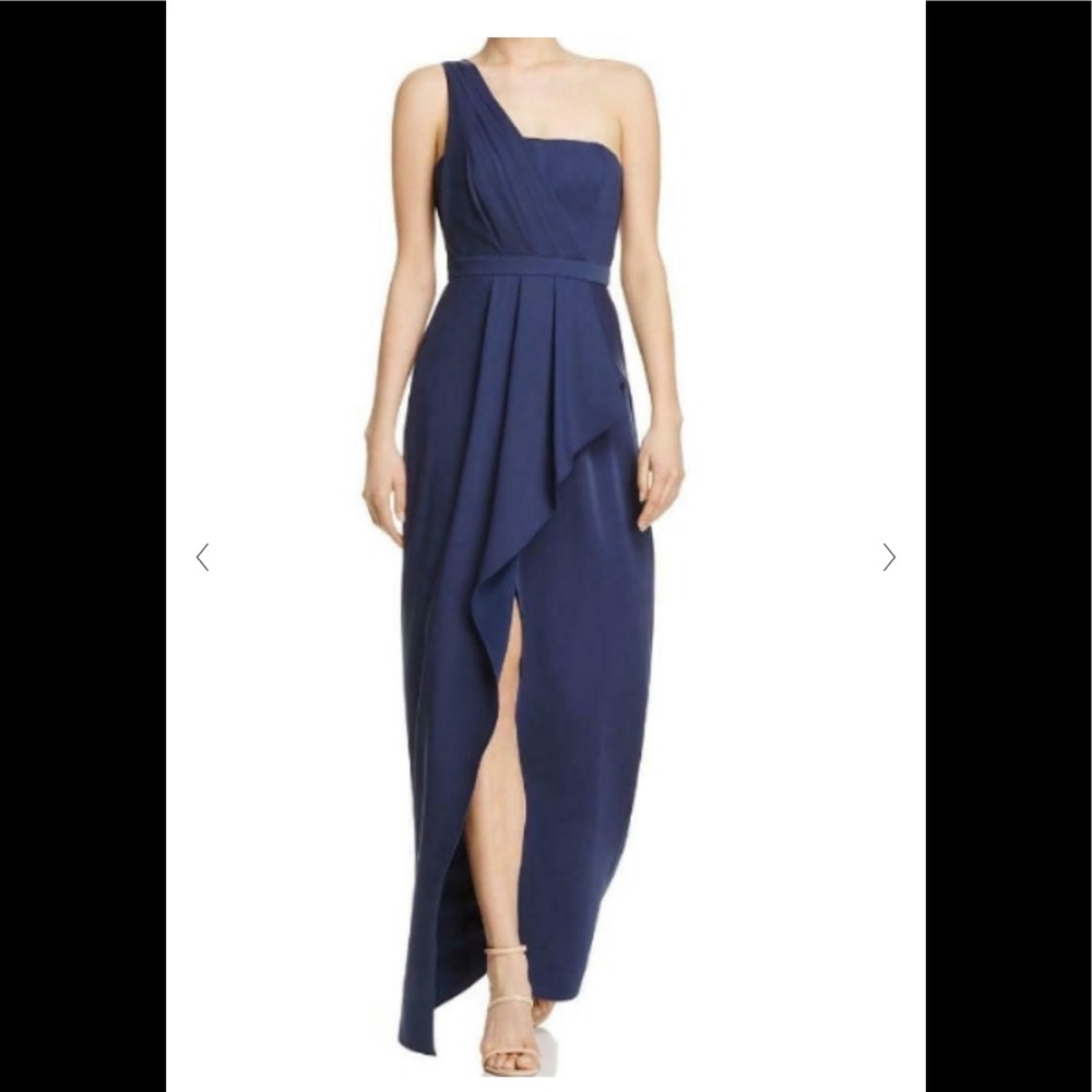 BCBG Kristine one shoulder peplum gown
